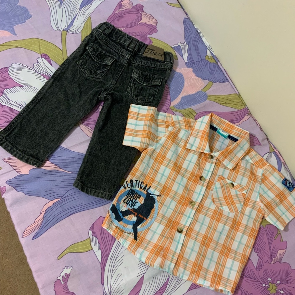 NWOT Toddler Boy 2 Pz Jeans & Button Down plaid Shirt 12M